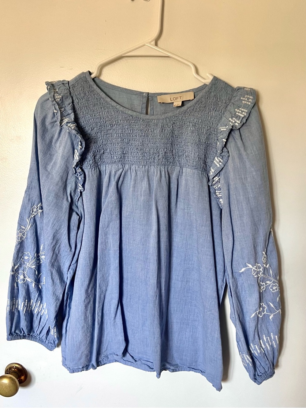 LOFT Light Blue Embroidered Ruffle Yoke Blouse